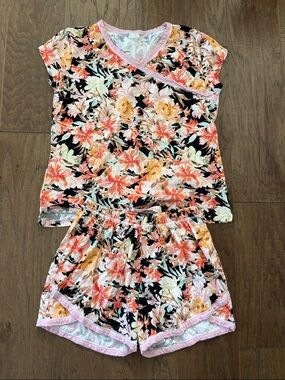 Garnet Hill Asian Wrap Organic Cotton Two-Piece Shorty Pajamas. Size S.